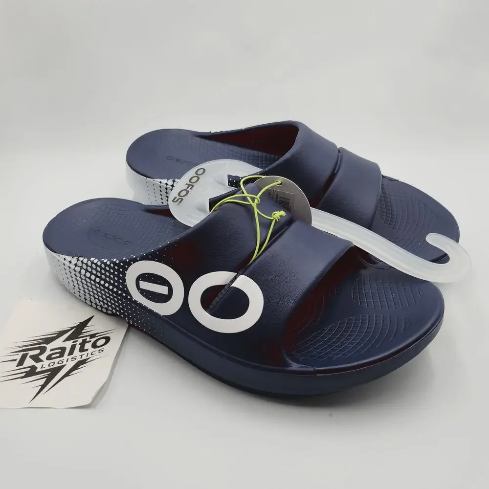 Mens Size 12 Oofos Slide Sandals Ooahh Sport Lightweight Rubber Matrix Navy 1500